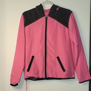 Three hearts Zip-up Hooded Jacket, Windbreaker, Black /Pink, M, GUC